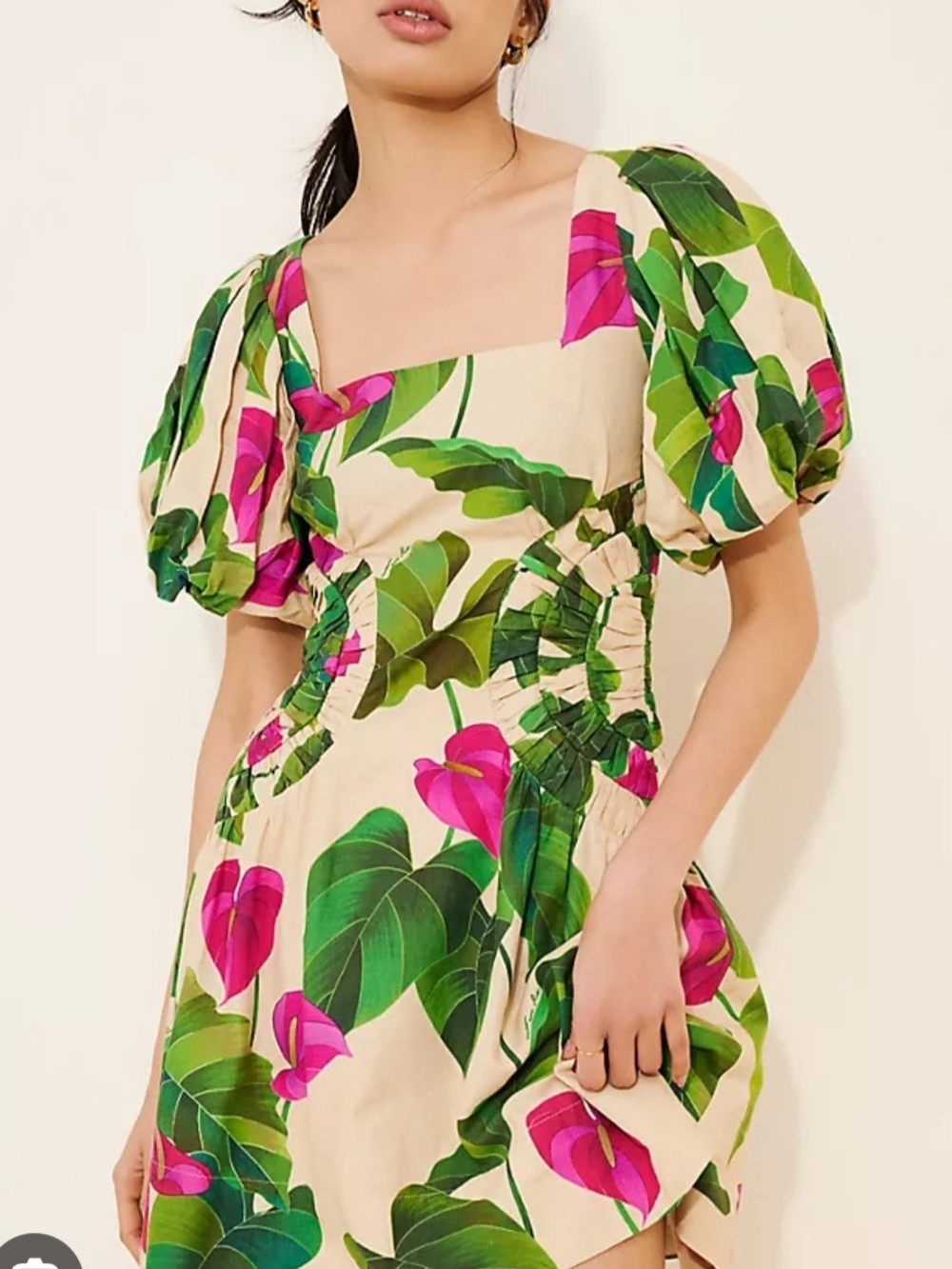 FARMRIO Square-Neck Floral Puff-Sleeve Mini Dress in Pink & Green - Picture 4 of 8